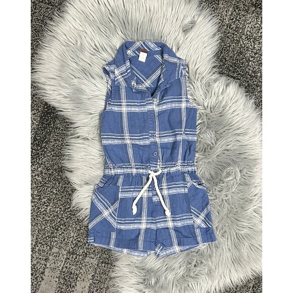 Tea Collection Girls Blue Plaid Collared‎ Cinched Waist Romper Size 5 - Picture 1 of 2
